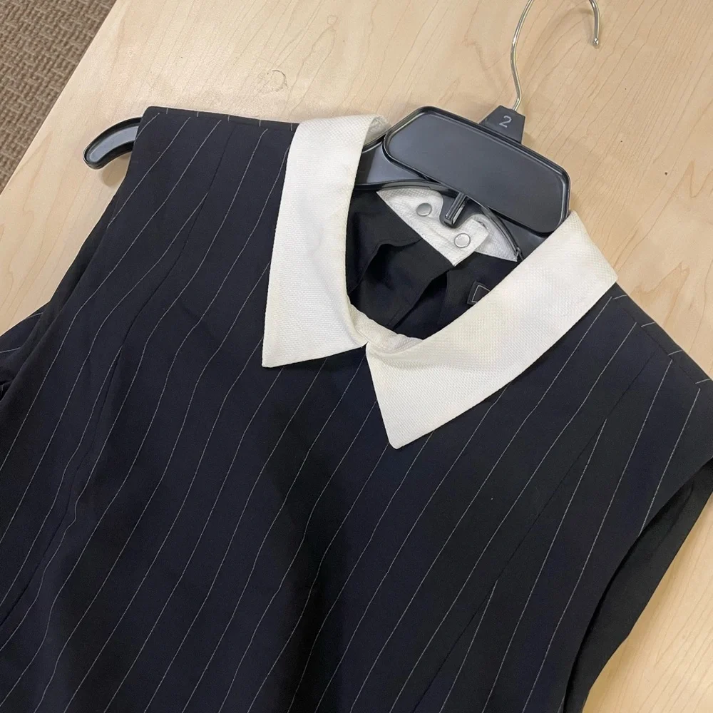 BCBGMAXAZRIA Pinstripe Sleeveless Open Back Collar Detail Work Dress - Picture 3 of 6